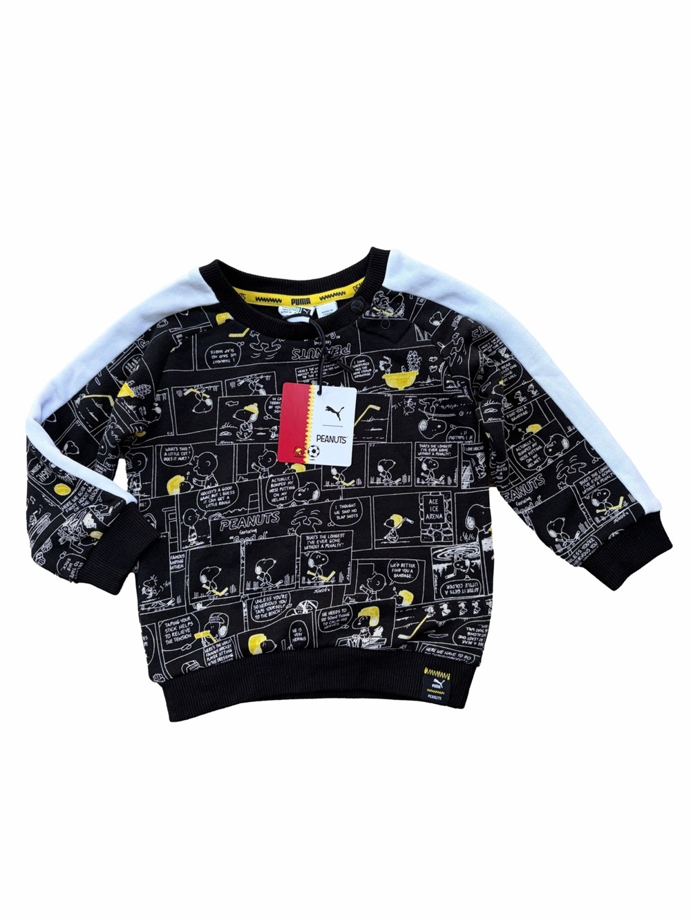 Puma x Peanuts NWT Size 6-9 Months Black Pullover Sweatshirt Snoopy Comic Strips